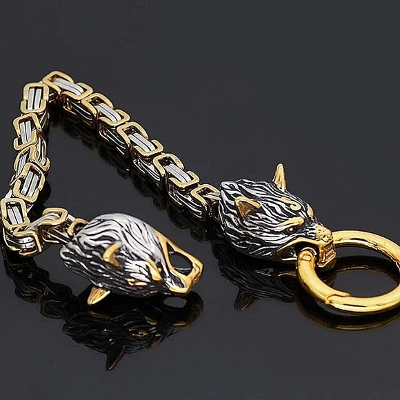 New! MEN'S Siver & Gold Byzantine Chain with Double Wolf Head Bracelet. 8" - Picture 6 of 9